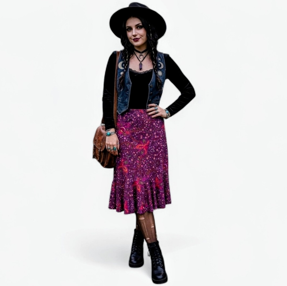 Boho Whimsigoth Purple Paisley Ruffle Hem Midi Skirt SZ M